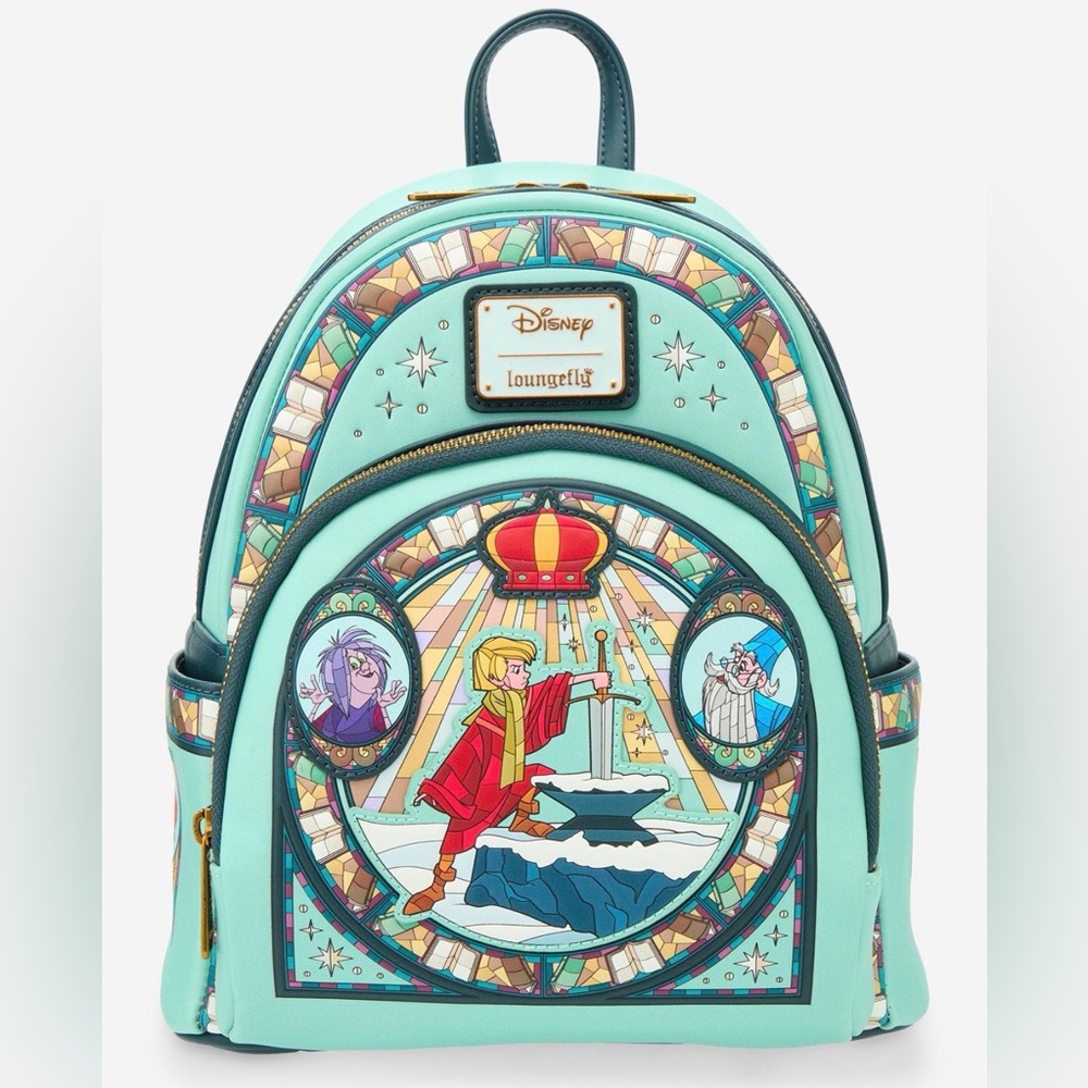 New Loungefly Disney The Sword in the Stone Stained Glass Portrait Mini Backpack